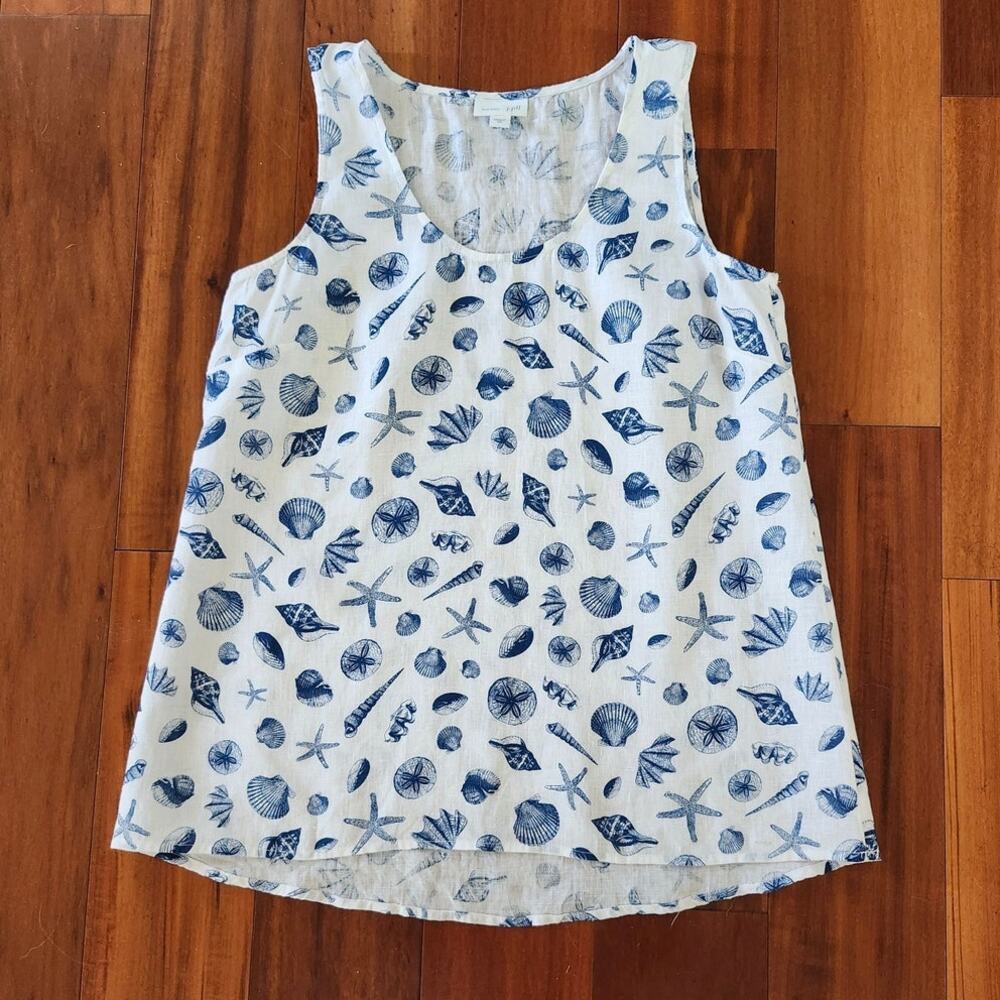 J. Jill Love linen 100% linen sleeveless top blouse sz XS seashell graphic